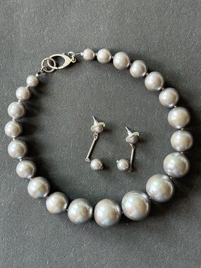 HANDMADE Graduated Gray Faux Pearl Necklace & Drop Earrings
